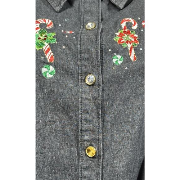 Quacker Factory Denim Roll Tab Sleeve Embroidered Candy Cane Shirt Shacket 2X - Picture 8 of 12